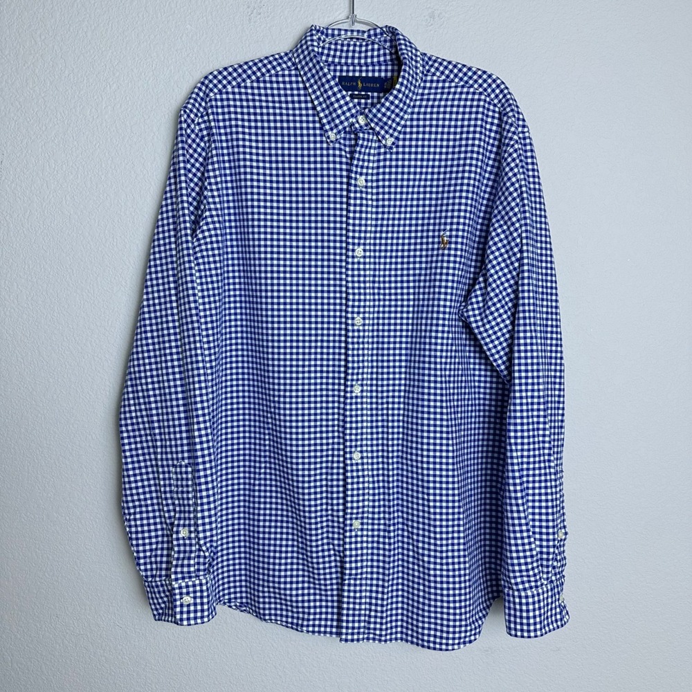 Ralph Lauren Men XXL Gingham Button Down Shirt Blue Pony Classic Long Sleeve - Picture 2 of 9